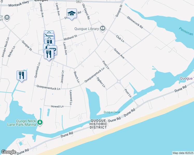 map of restaurants, bars, coffee shops, grocery stores, and more near in Quogue