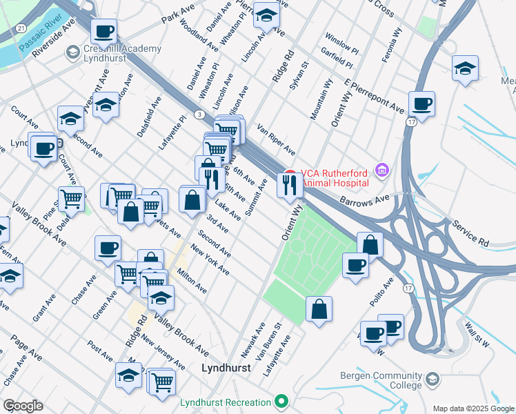 map of restaurants, bars, coffee shops, grocery stores, and more near 44 Summit Avenue in Lyndhurst