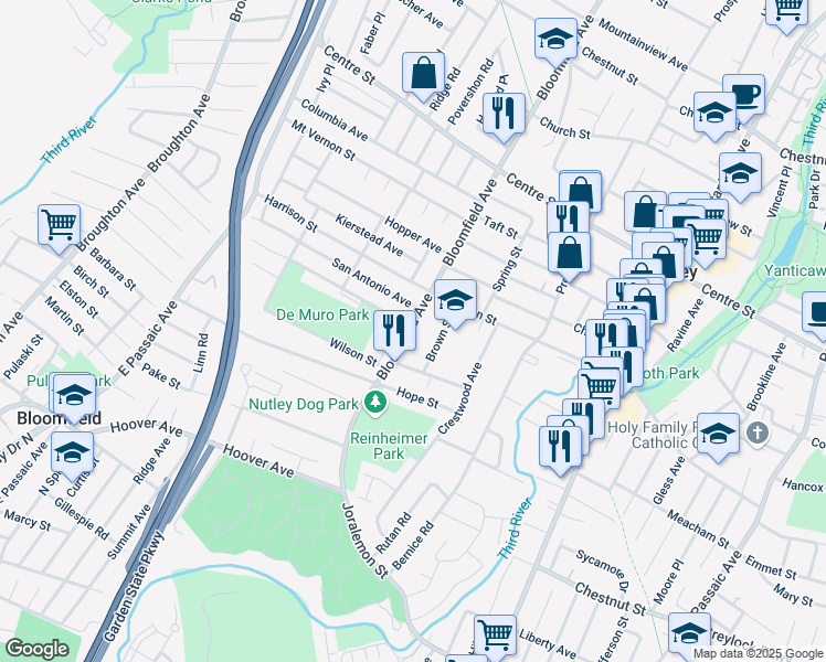 map of restaurants, bars, coffee shops, grocery stores, and more near 35 Brown Street in Nutley