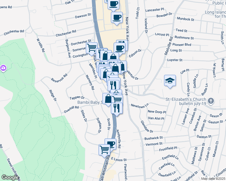 map of restaurants, bars, coffee shops, grocery stores, and more near 490 Walt Whitman Road in Melville
