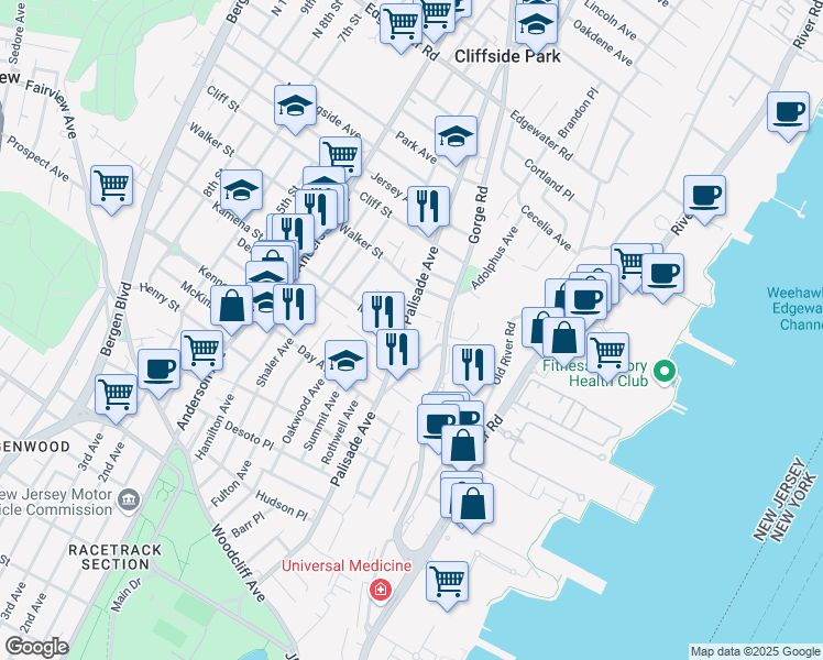 map of restaurants, bars, coffee shops, grocery stores, and more near 263 Palisade Avenue in Cliffside Park