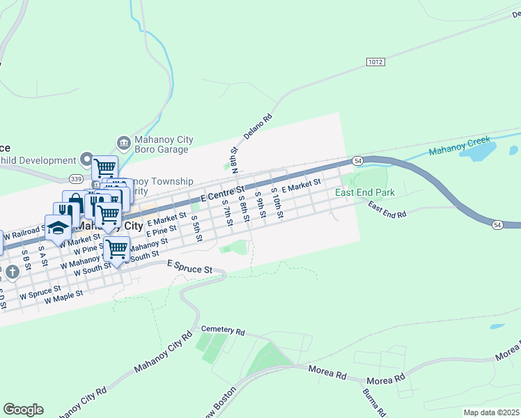 map of restaurants, bars, coffee shops, grocery stores, and more near 838 East Pine Street in Mahanoy City