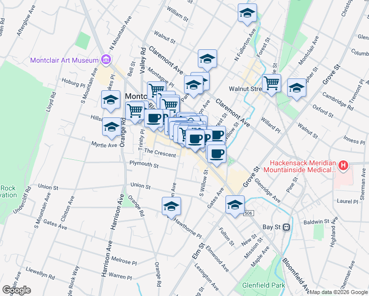 map of restaurants, bars, coffee shops, grocery stores, and more near 440 Bloomfield Avenue in Montclair