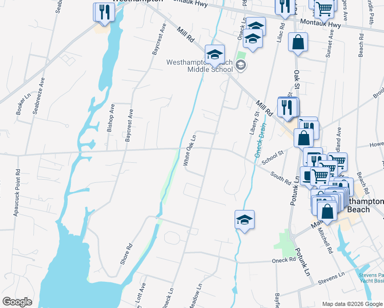 map of restaurants, bars, coffee shops, grocery stores, and more near 32 White Oak Lane in Westhampton Beach