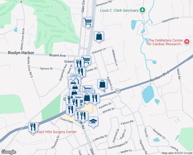 map of restaurants, bars, coffee shops, grocery stores, and more near 29 Elm Street in Greenvale