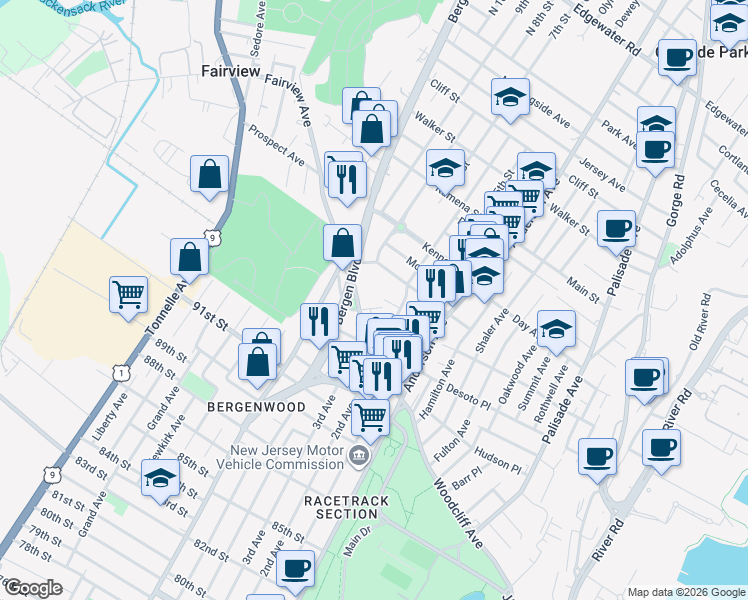 map of restaurants, bars, coffee shops, grocery stores, and more near 447 Fairview Avenue in Fairview