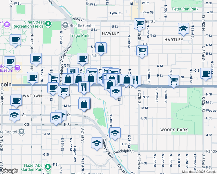 map of restaurants, bars, coffee shops, grocery stores, and more near 2365 East O Street in Lincoln