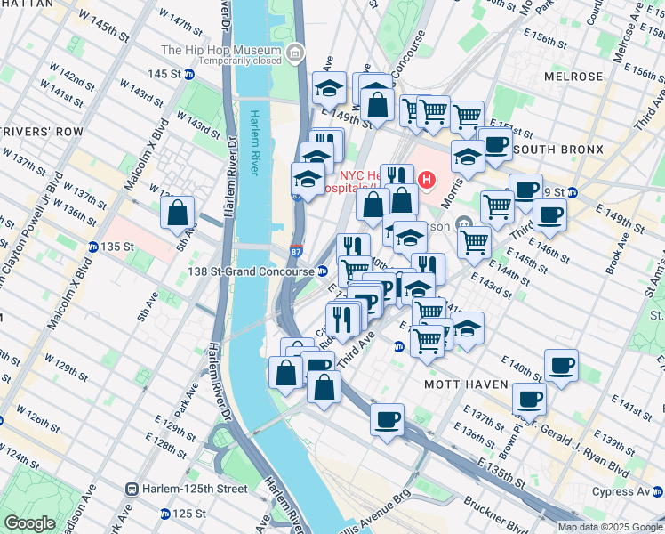 map of restaurants, bars, coffee shops, grocery stores, and more near 250 Grand Concourse in The Bronx