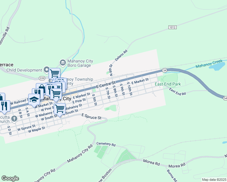 map of restaurants, bars, coffee shops, grocery stores, and more near 735 East Pine Street in Mahanoy City