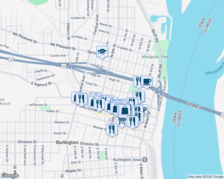 map of restaurants, bars, coffee shops, grocery stores, and more near 701 Court Street in Burlington