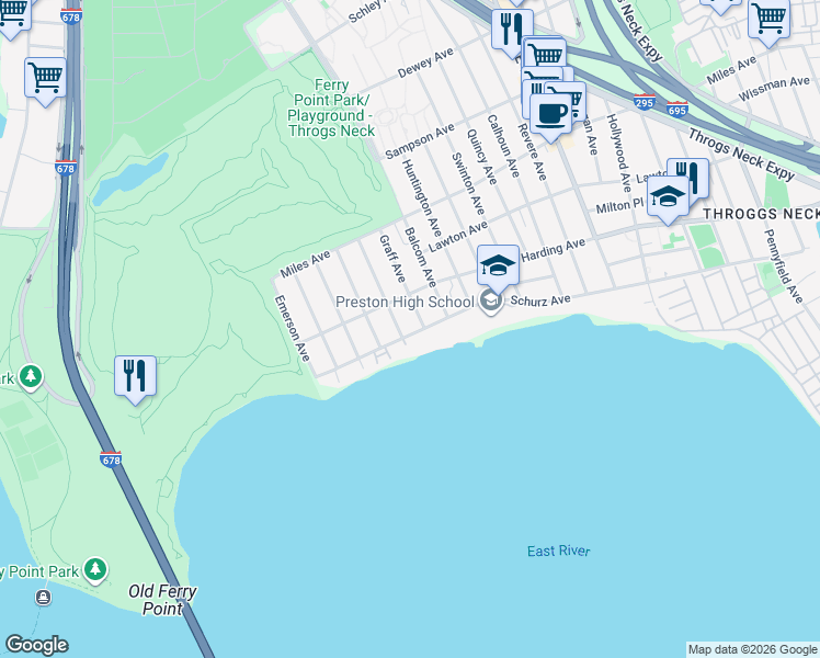 map of restaurants, bars, coffee shops, grocery stores, and more near 189 Graff Avenue in Bronx