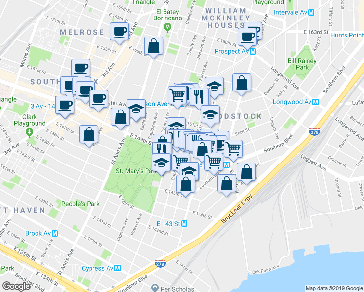 map of restaurants, bars, coffee shops, grocery stores, and more near 560 Concord Avenue in Bronx
