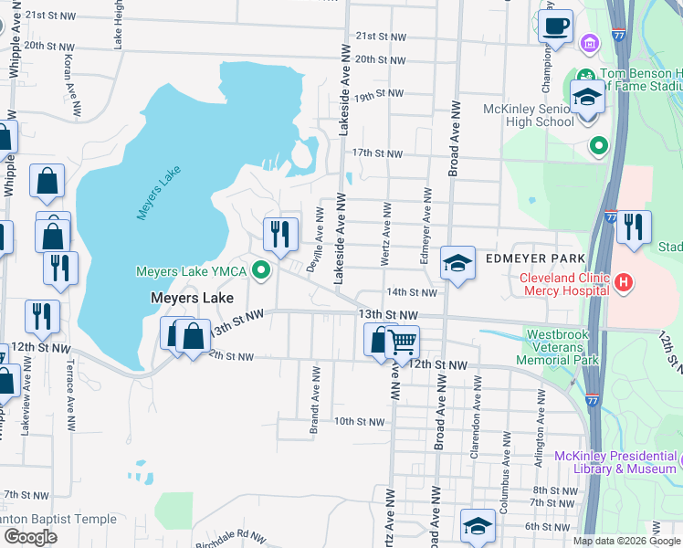 map of restaurants, bars, coffee shops, grocery stores, and more near 3052 Patton Place Northwest in Canton