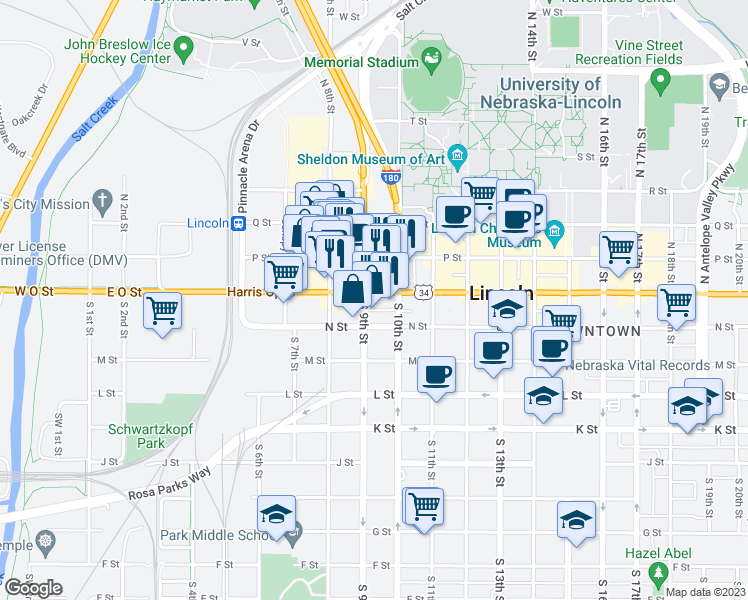 map of restaurants, bars, coffee shops, grocery stores, and more near 913 O Street in Lincoln