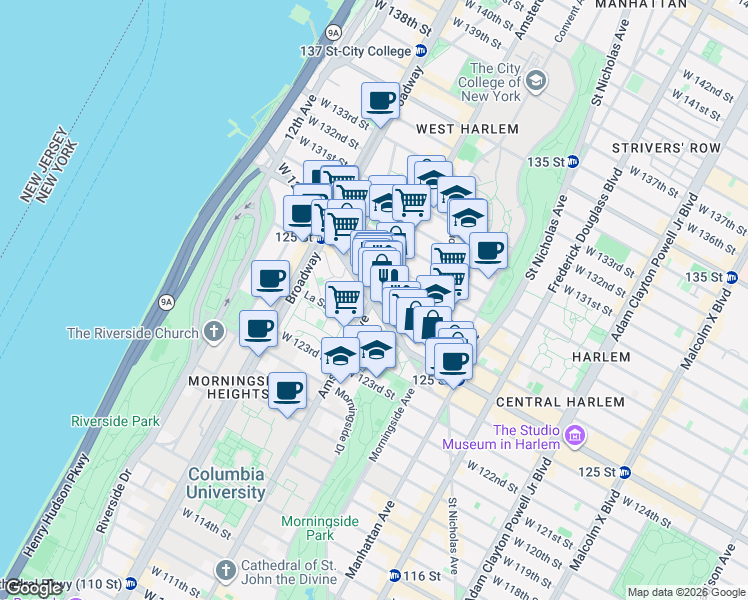 map of restaurants, bars, coffee shops, grocery stores, and more near Amsterdam Avenue in New York