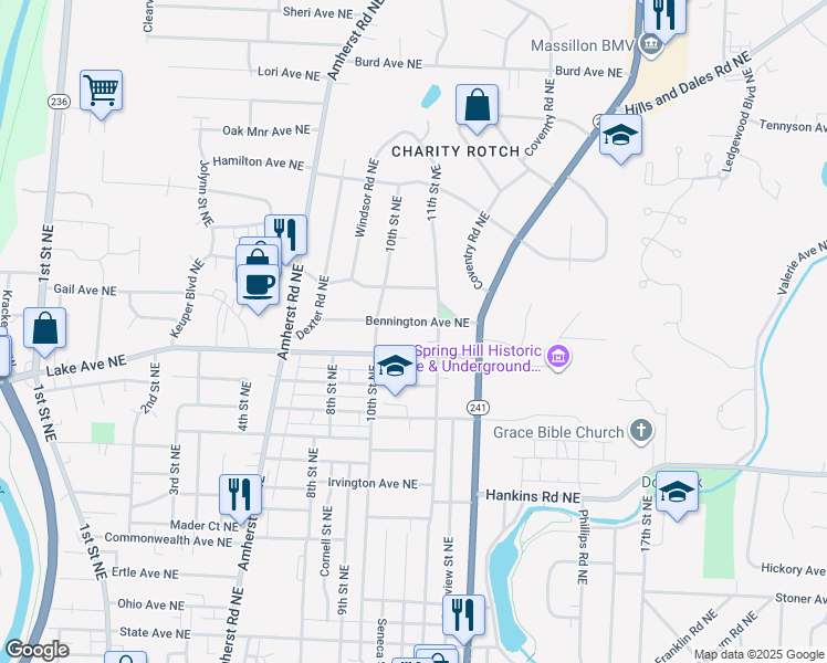 map of restaurants, bars, coffee shops, grocery stores, and more near 1041 Bennington Ave NE in Massillon