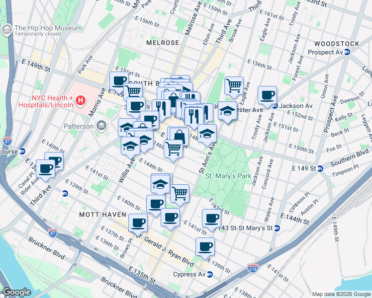 map of restaurants, bars, coffee shops, grocery stores, and more near 486 Brook Avenue in The Bronx