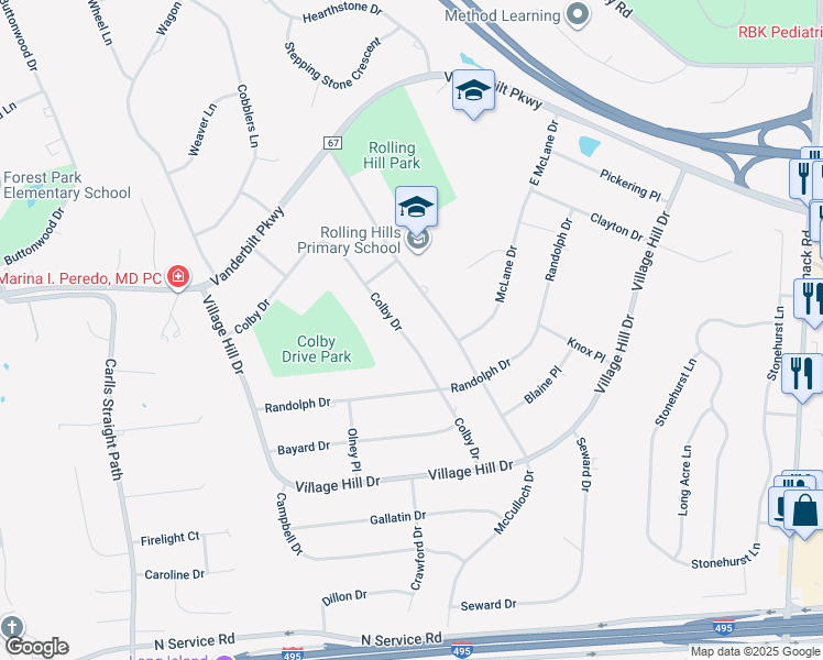 map of restaurants, bars, coffee shops, grocery stores, and more near 30 Colby Drive in Dix Hills