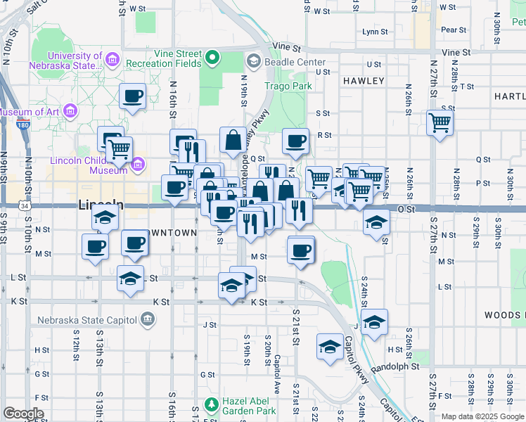 map of restaurants, bars, coffee shops, grocery stores, and more near 1940 East O Street in Lincoln