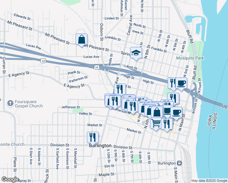 map of restaurants, bars, coffee shops, grocery stores, and more near Columbia Street in Burlington
