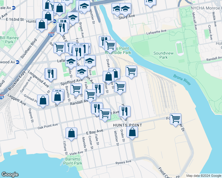 map of restaurants, bars, coffee shops, grocery stores, and more near 669 Drake Street in The Bronx