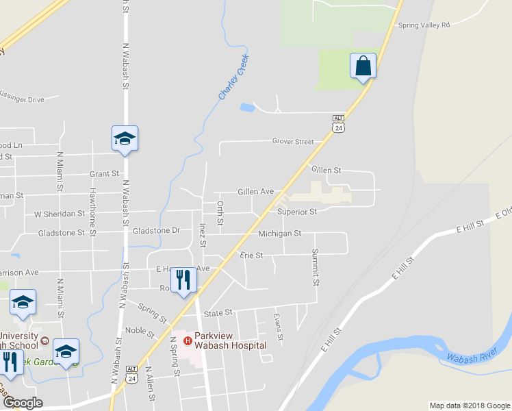 map of restaurants, bars, coffee shops, grocery stores, and more near 57 Huron Street in Wabash