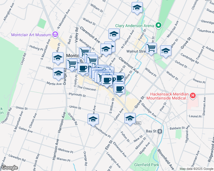 map of restaurants, bars, coffee shops, grocery stores, and more near 425 Bloomfield Avenue in Montclair