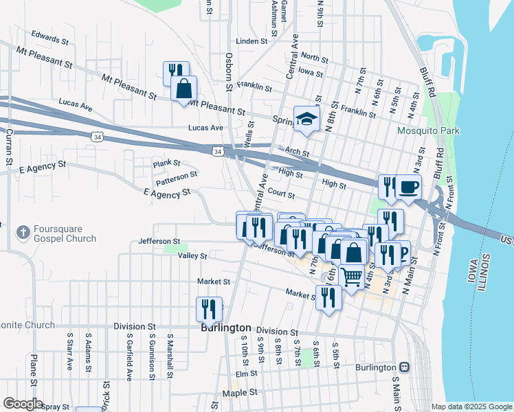 map of restaurants, bars, coffee shops, grocery stores, and more near Columbia Street in Burlington