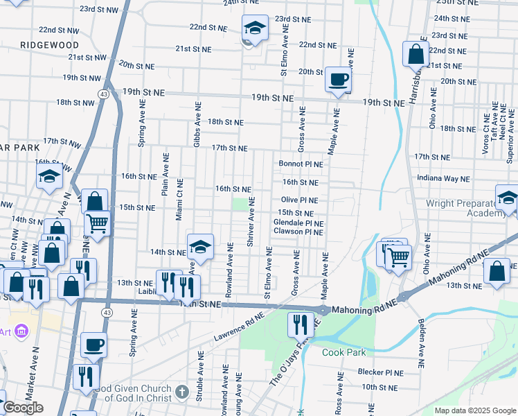 map of restaurants, bars, coffee shops, grocery stores, and more near 1411 15th Street Northeast in Canton