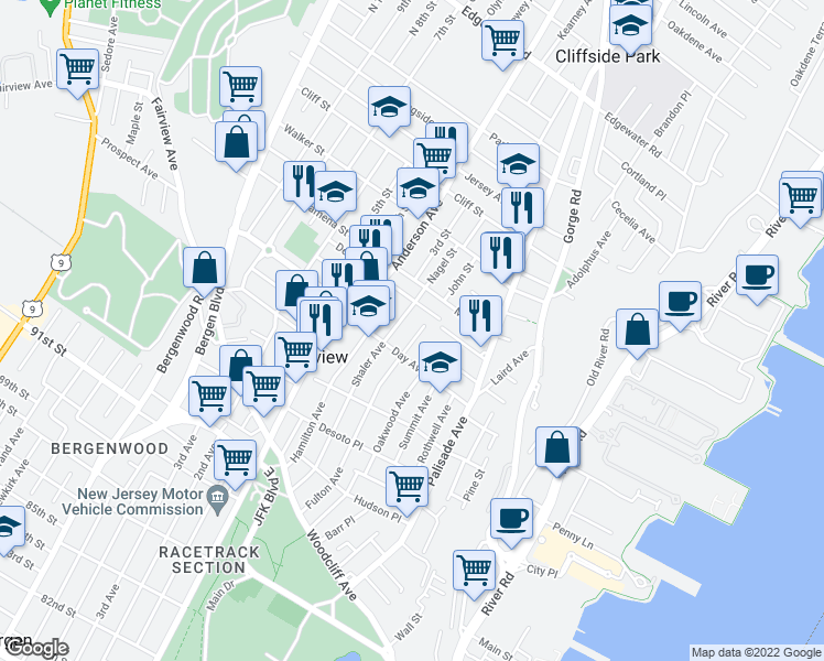 map of restaurants, bars, coffee shops, grocery stores, and more near 179 Fulton Avenue in Fairview
