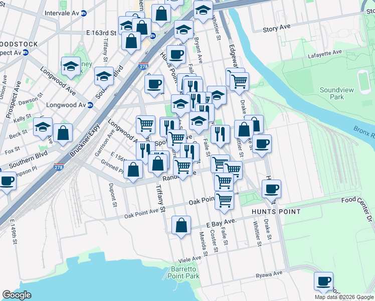 map of restaurants, bars, coffee shops, grocery stores, and more near 640 Barretto Street in The Bronx