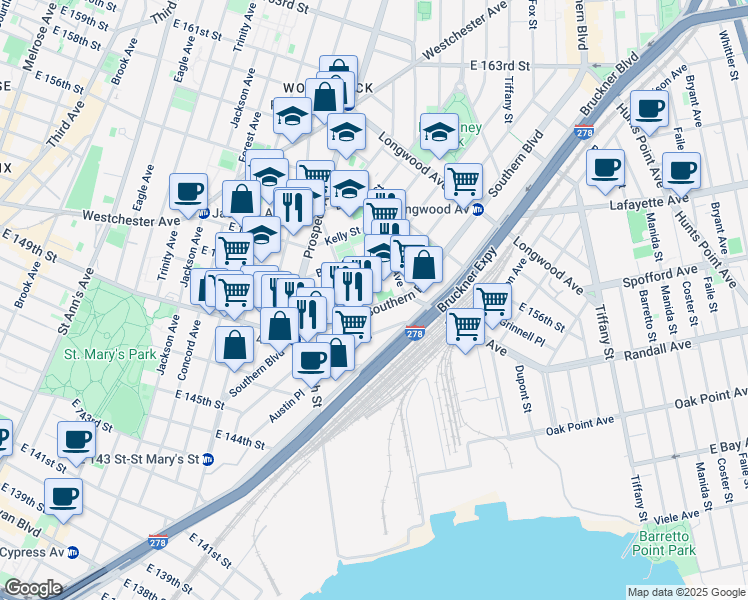map of restaurants, bars, coffee shops, grocery stores, and more near 651 Southern Boulevard in Bronx