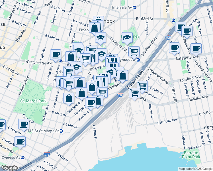 map of restaurants, bars, coffee shops, grocery stores, and more near 651 Southern Boulevard in Bronx