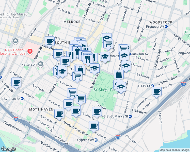 map of restaurants, bars, coffee shops, grocery stores, and more near 51945 Saint Ann's Avenue in Bronx