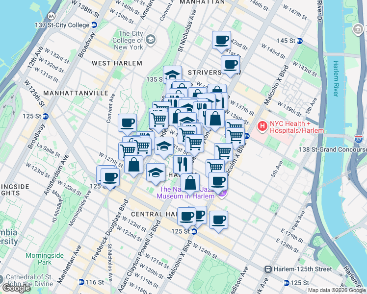 map of restaurants, bars, coffee shops, grocery stores, and more near 237 West 131st Street in New York