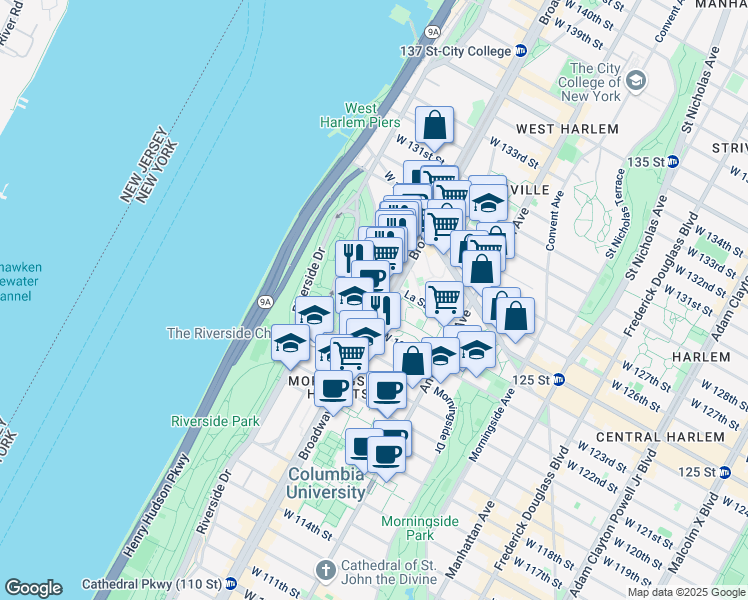 map of restaurants, bars, coffee shops, grocery stores, and more near 3117 Broadway in New York