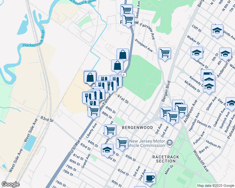 map of restaurants, bars, coffee shops, grocery stores, and more near 9100 Tonnele Avenue in North Bergen