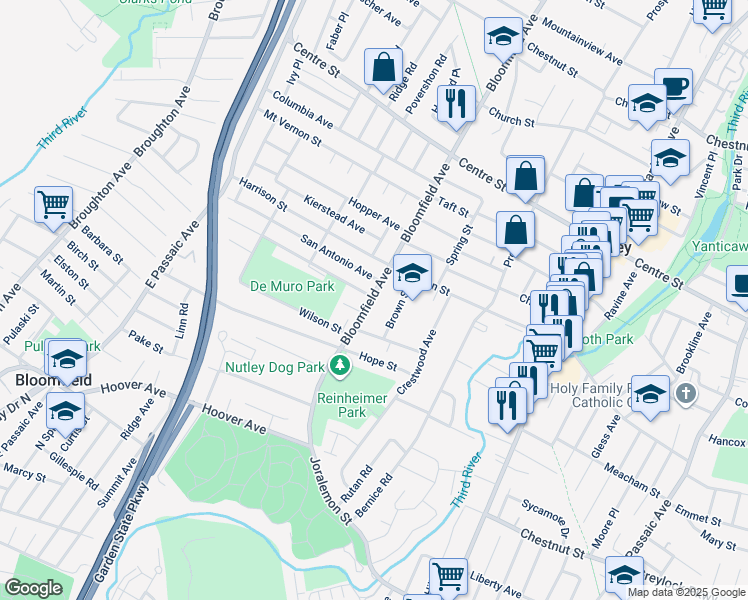 map of restaurants, bars, coffee shops, grocery stores, and more near 35 Brown Street in Nutley