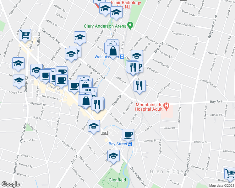 map of restaurants, bars, coffee shops, grocery stores, and more near 51 Greenwood Avenue in Montclair
