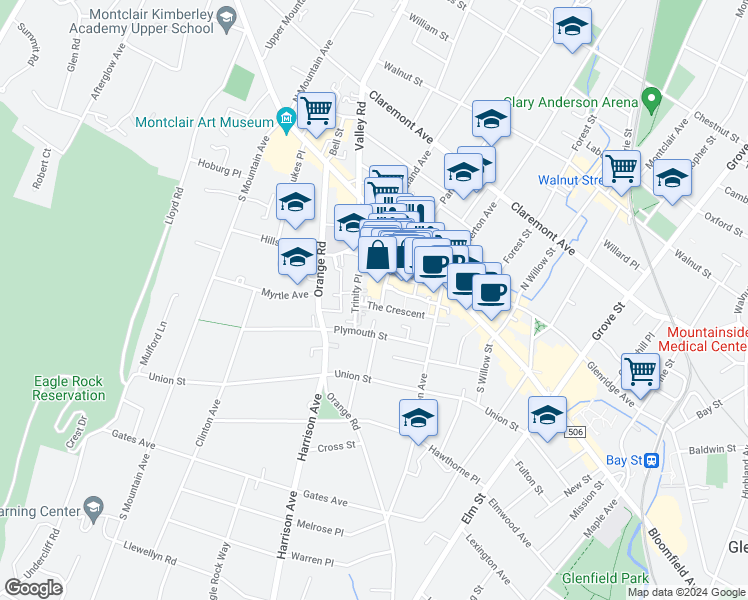 map of restaurants, bars, coffee shops, grocery stores, and more near 55 South Park Street in Montclair