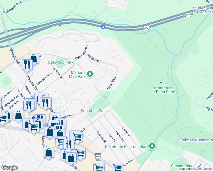 map of restaurants, bars, coffee shops, grocery stores, and more near 201E Vairo Boulevard in State College