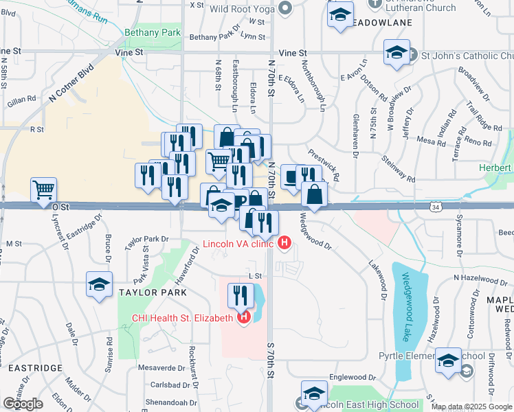 map of restaurants, bars, coffee shops, grocery stores, and more near 6940 O Street in Lincoln