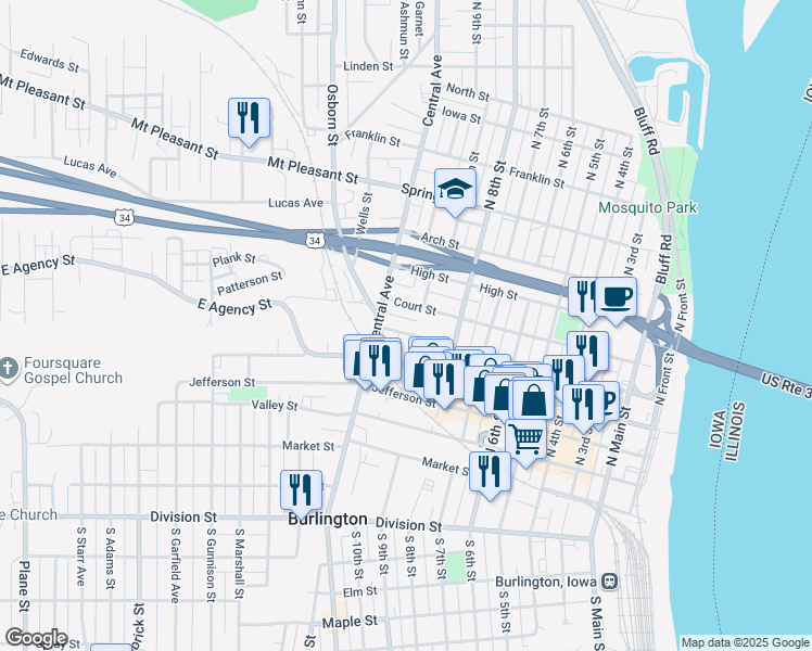map of restaurants, bars, coffee shops, grocery stores, and more near 1007 1/2 Court Street in Burlington