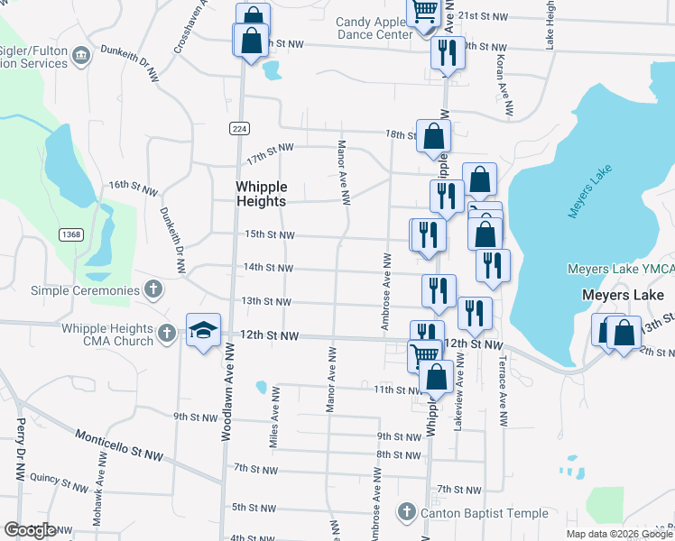 map of restaurants, bars, coffee shops, grocery stores, and more near 4599 14th Street Northwest in Canton