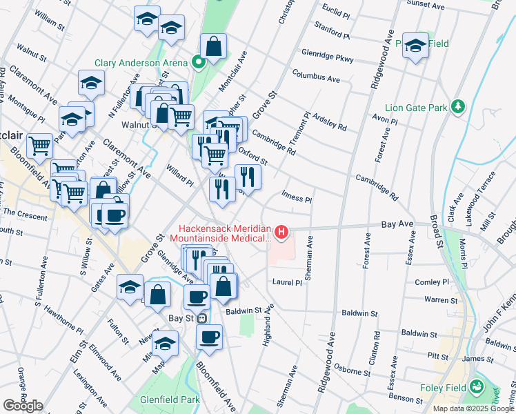 map of restaurants, bars, coffee shops, grocery stores, and more near 27 Walnut Park Drive in Montclair