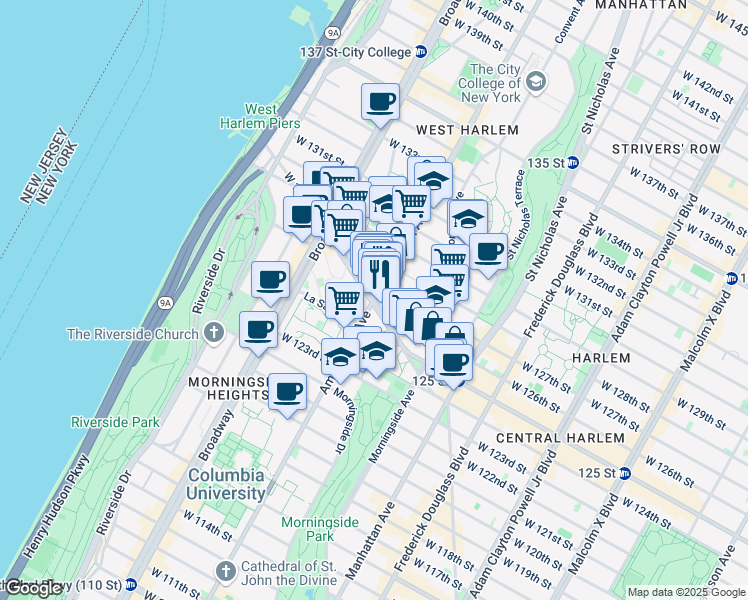 map of restaurants, bars, coffee shops, grocery stores, and more near Martin Luther King Boulevard in New York