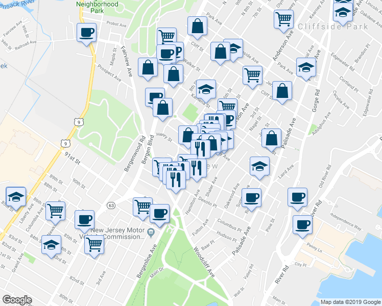 map of restaurants, bars, coffee shops, grocery stores, and more near 367 Henry Street in Fairview