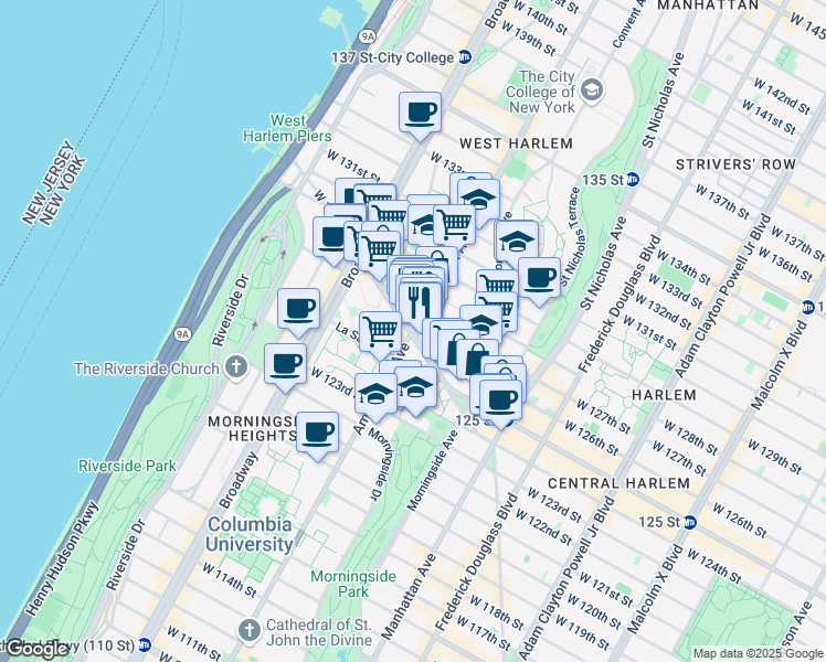 map of restaurants, bars, coffee shops, grocery stores, and more near 500 West 125th Street in New York