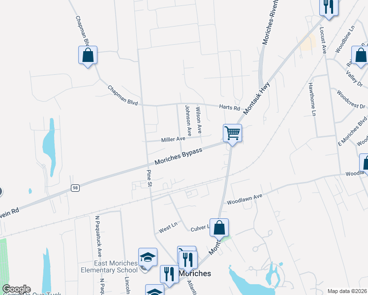 map of restaurants, bars, coffee shops, grocery stores, and more near 33 Frowein Road in East Moriches