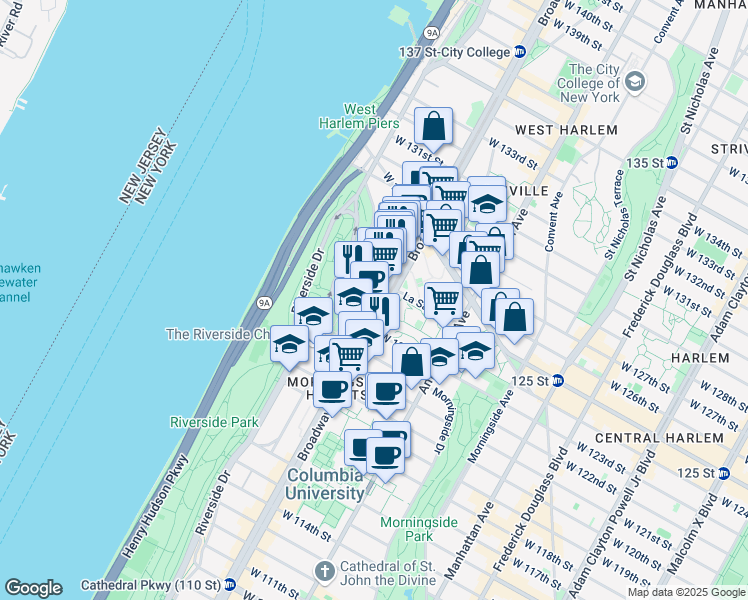 map of restaurants, bars, coffee shops, grocery stores, and more near 3117 Broadway in New York